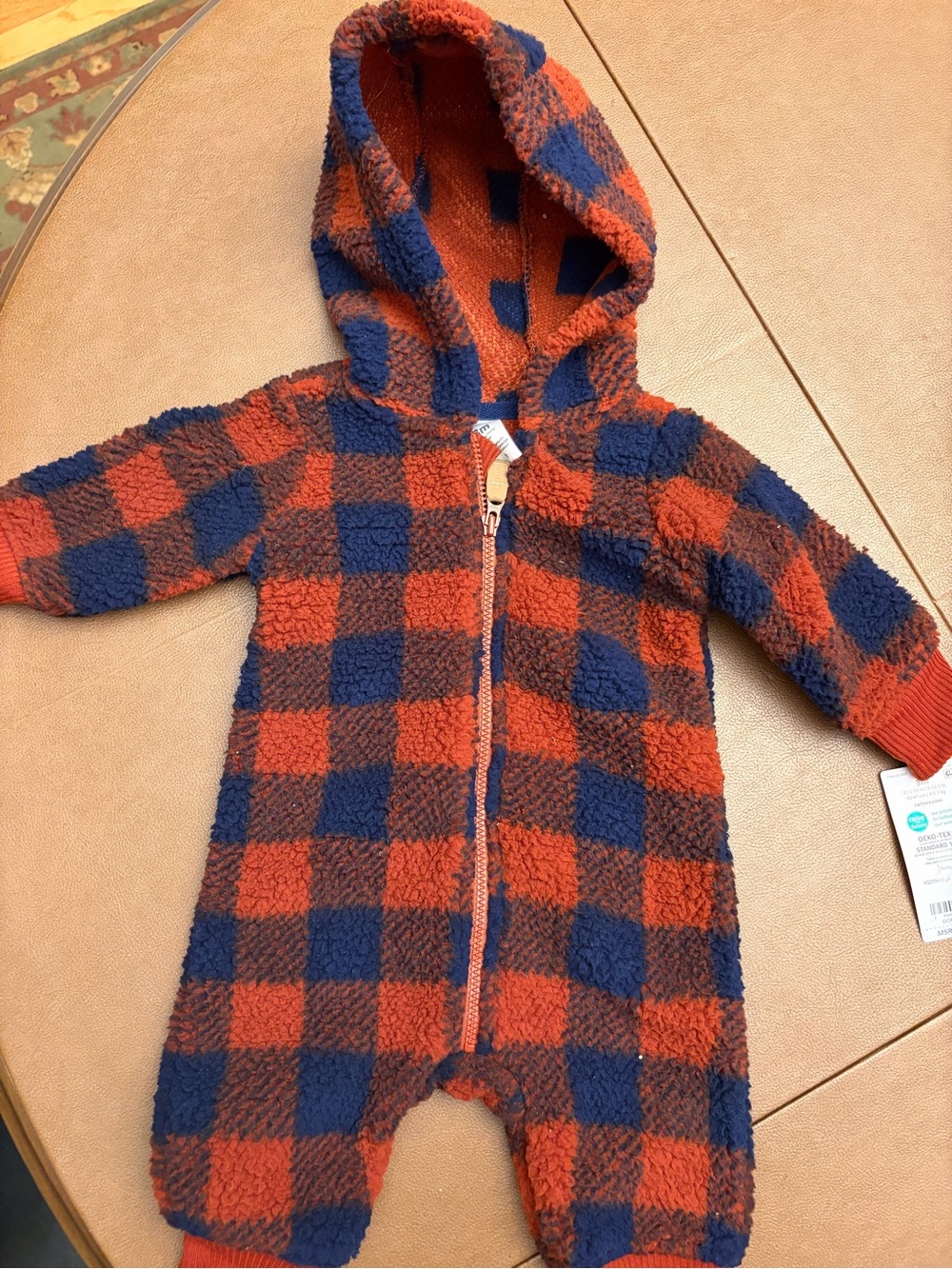 Carter's Orange Navy Buffalo Plaid Sherpa Hooded One-Piece Size 3 Months NWT